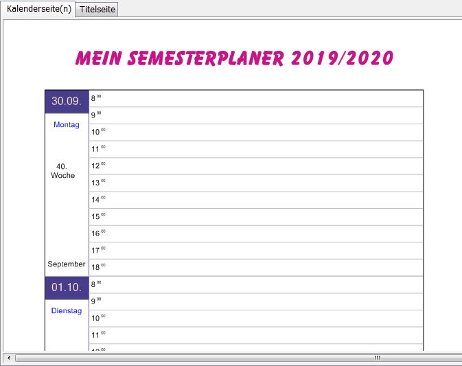Semesterplaner Schülerkalender