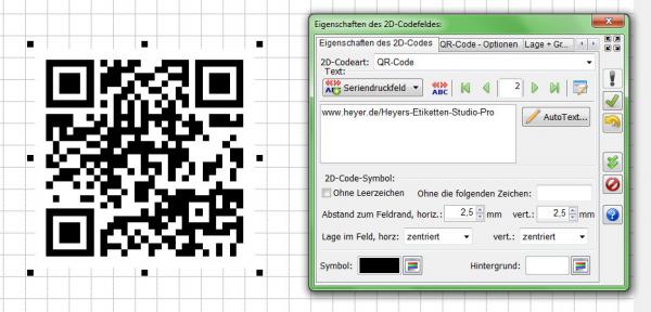 Zum Vergrößern anklicken! Heyer's Etiketten-Studio Pro - 2D-Codefeld