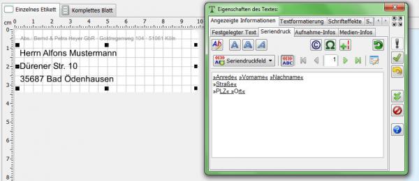 Zum Vergrößern anklicken! Heyer's Etiketten-Studio Pro - Text: Seriendruck